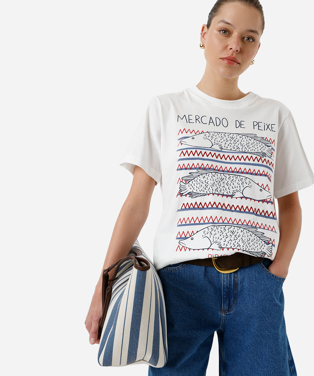 camiseta feminina de algodão peixes spacemartt off white