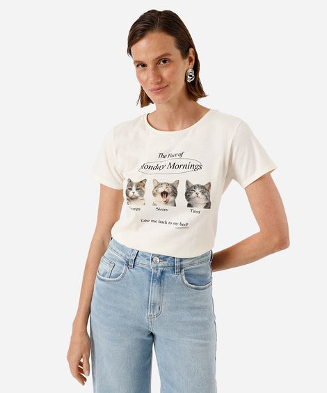 camiseta feminina de algodão gatinhos monday mornings bege