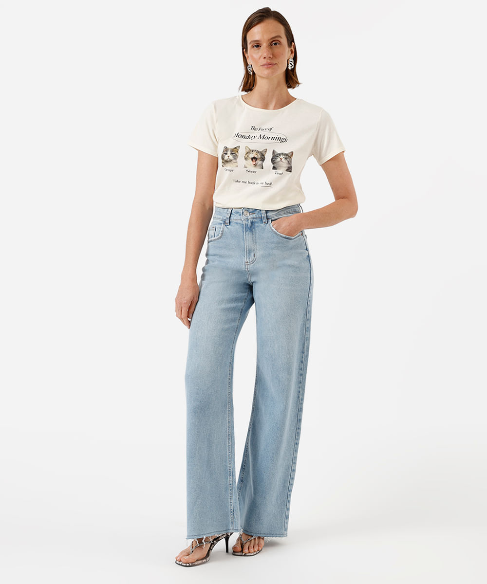 camiseta feminina de algodão gatinhos monday mornings bege