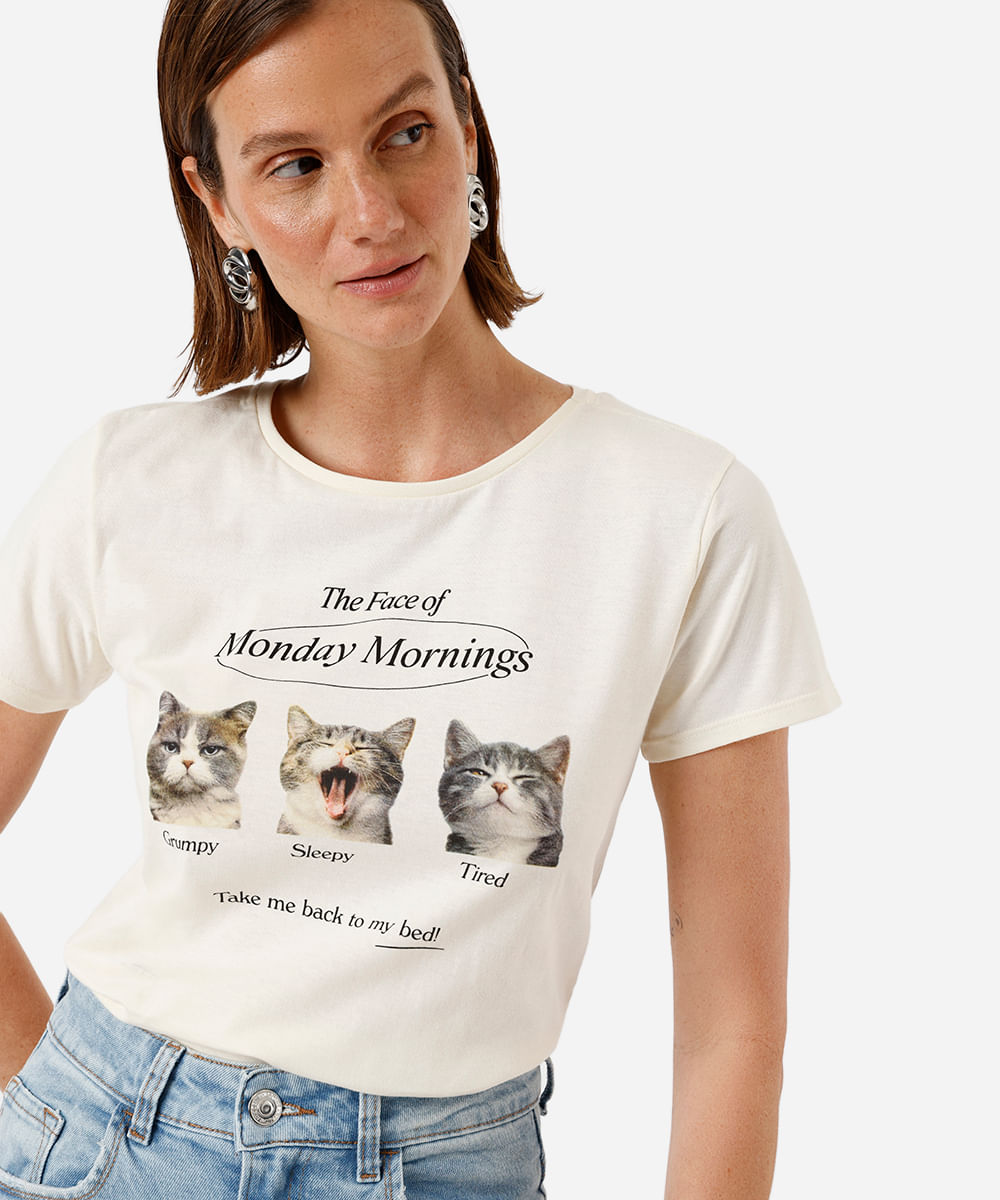 camiseta feminina de algodão gatinhos monday mornings bege