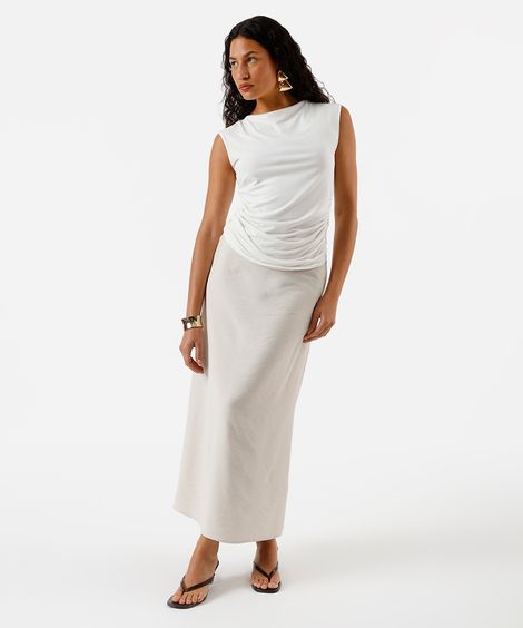 saia midi feminina com franzido e fenda bege