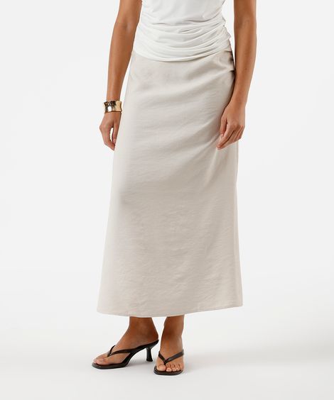 saia midi feminina com franzido e fenda bege