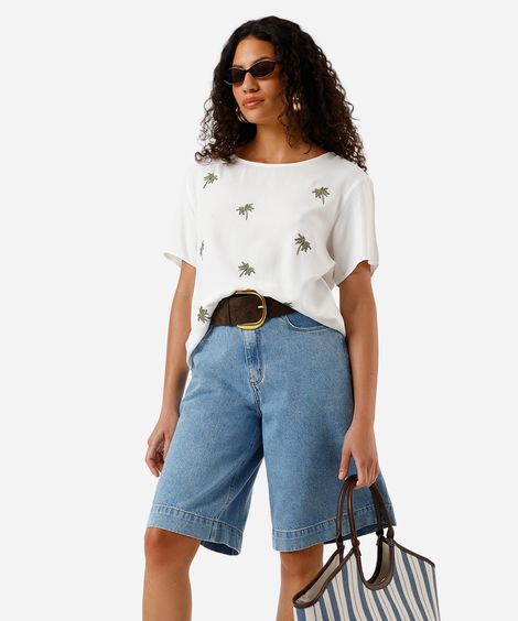 blusa feminina de viscose com bordado folhagens off white