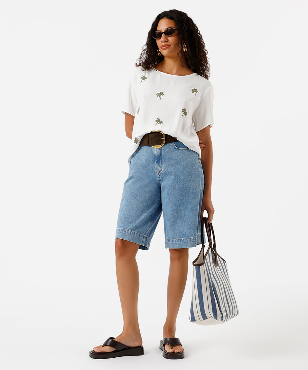 blusa feminina de viscose com bordado folhagens off white
