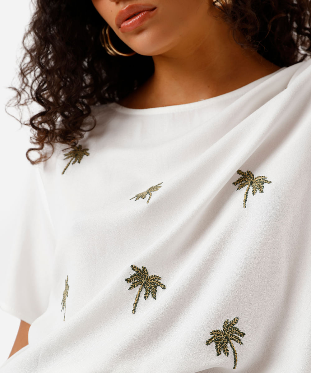 blusa feminina de viscose com bordado folhagens off white