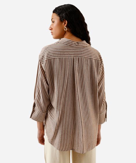 camisa feminina com linho listrada marrom
