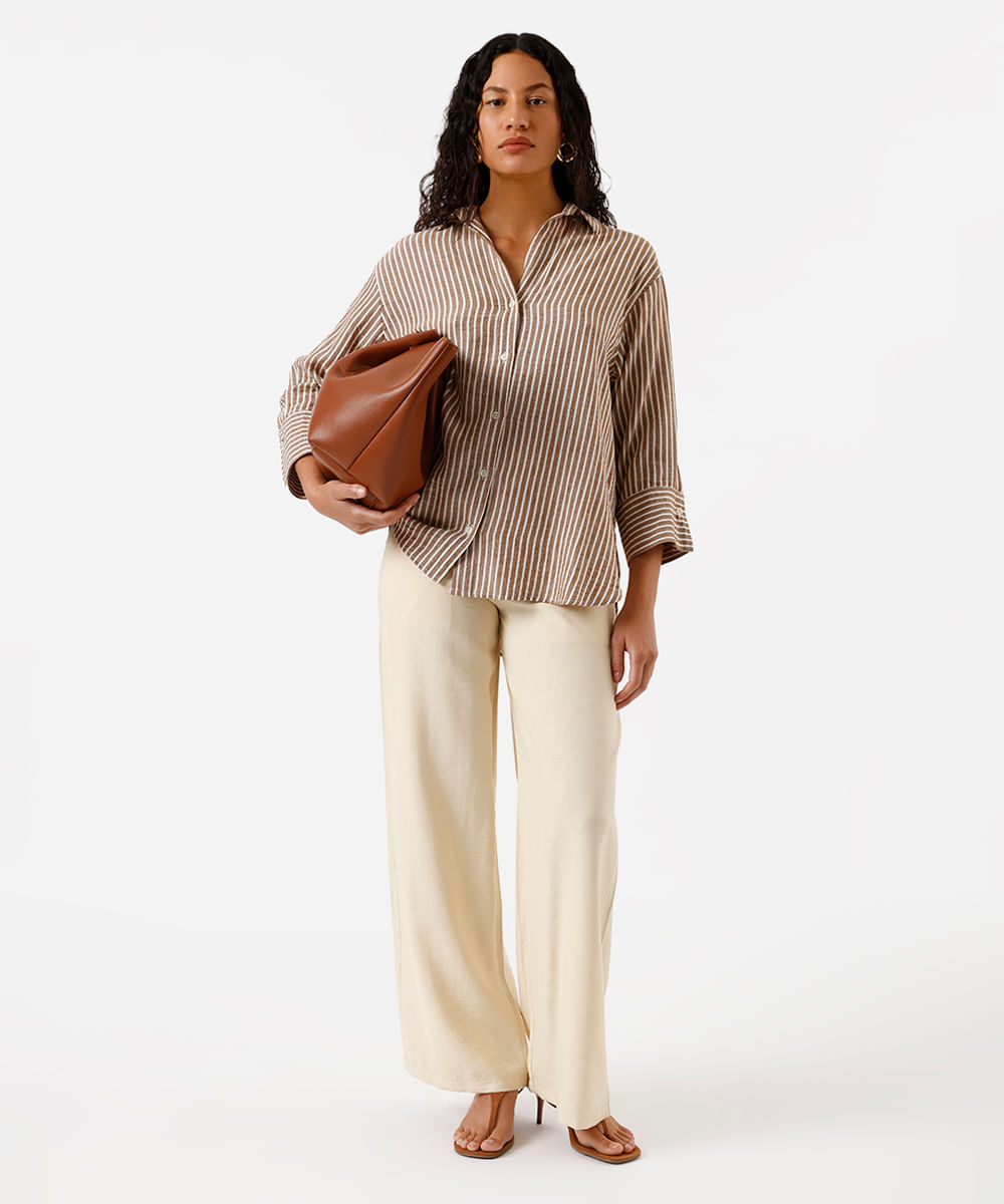 camisa feminina com linho listrada marrom