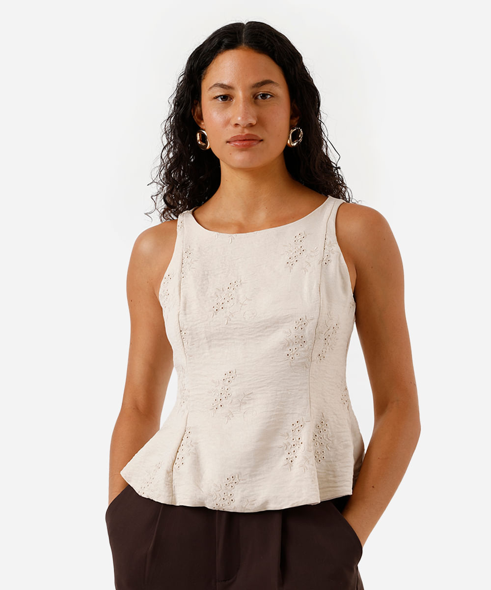 blusa peplum feminina bordada bege