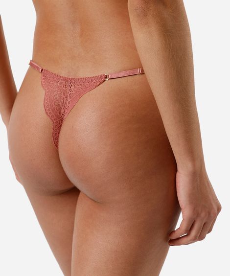 calcinha fio dental de renda floral rosa