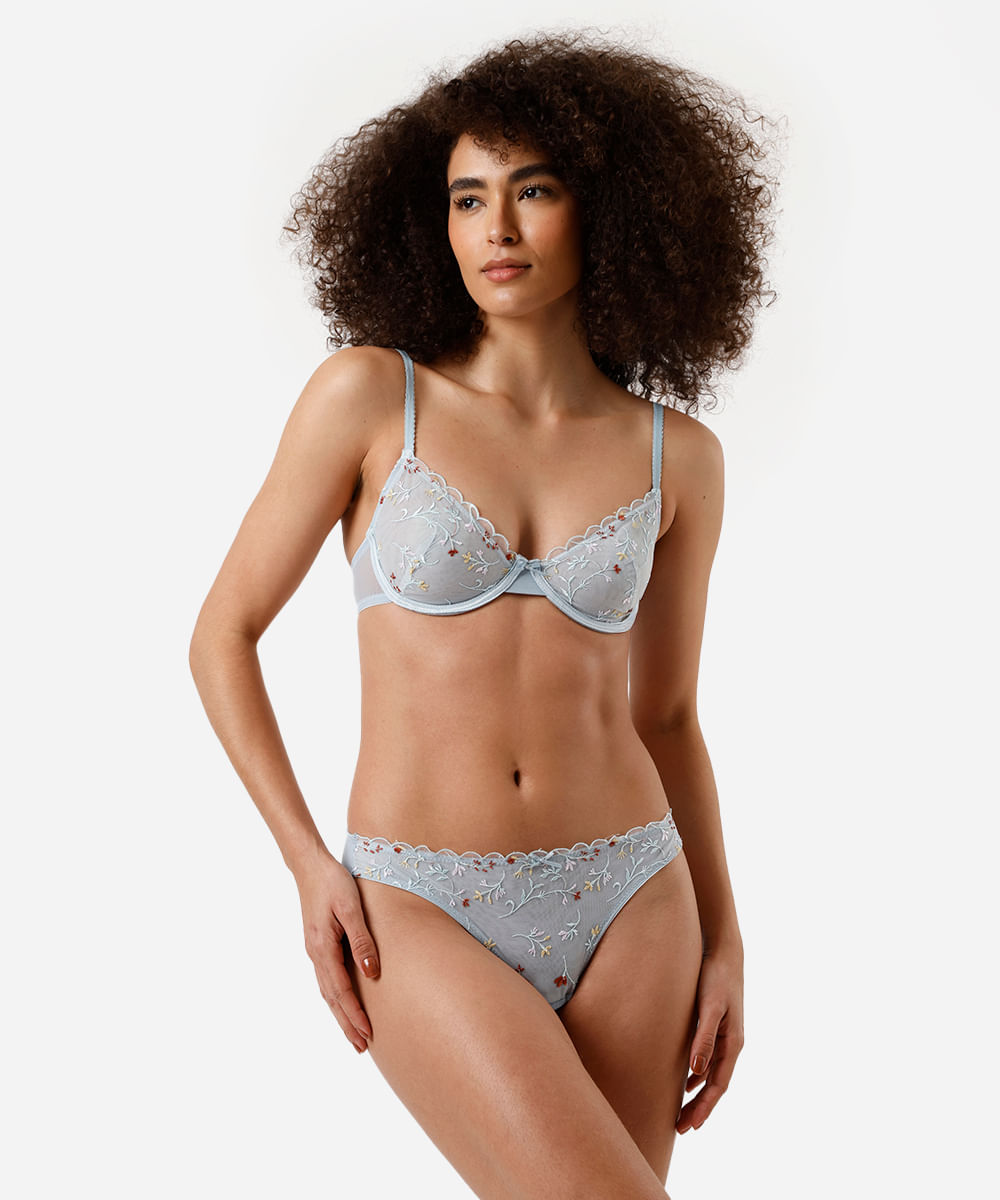 sutiã meia taça com bordado floral azul