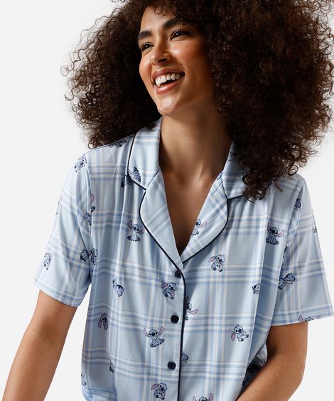pijama curto americano feminino stitch xadrez azul