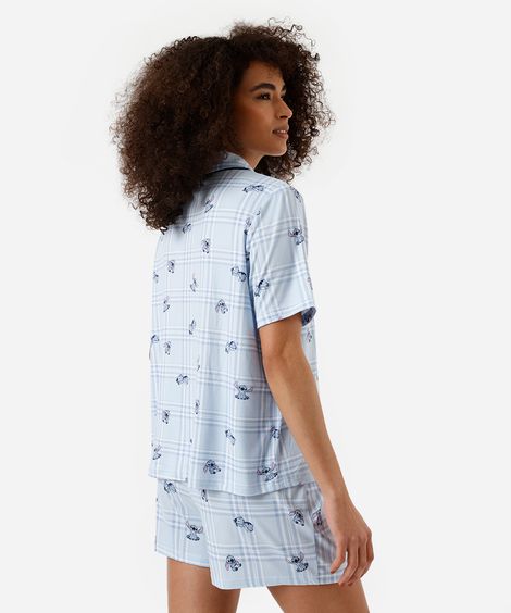 pijama curto americano feminino stitch xadrez azul