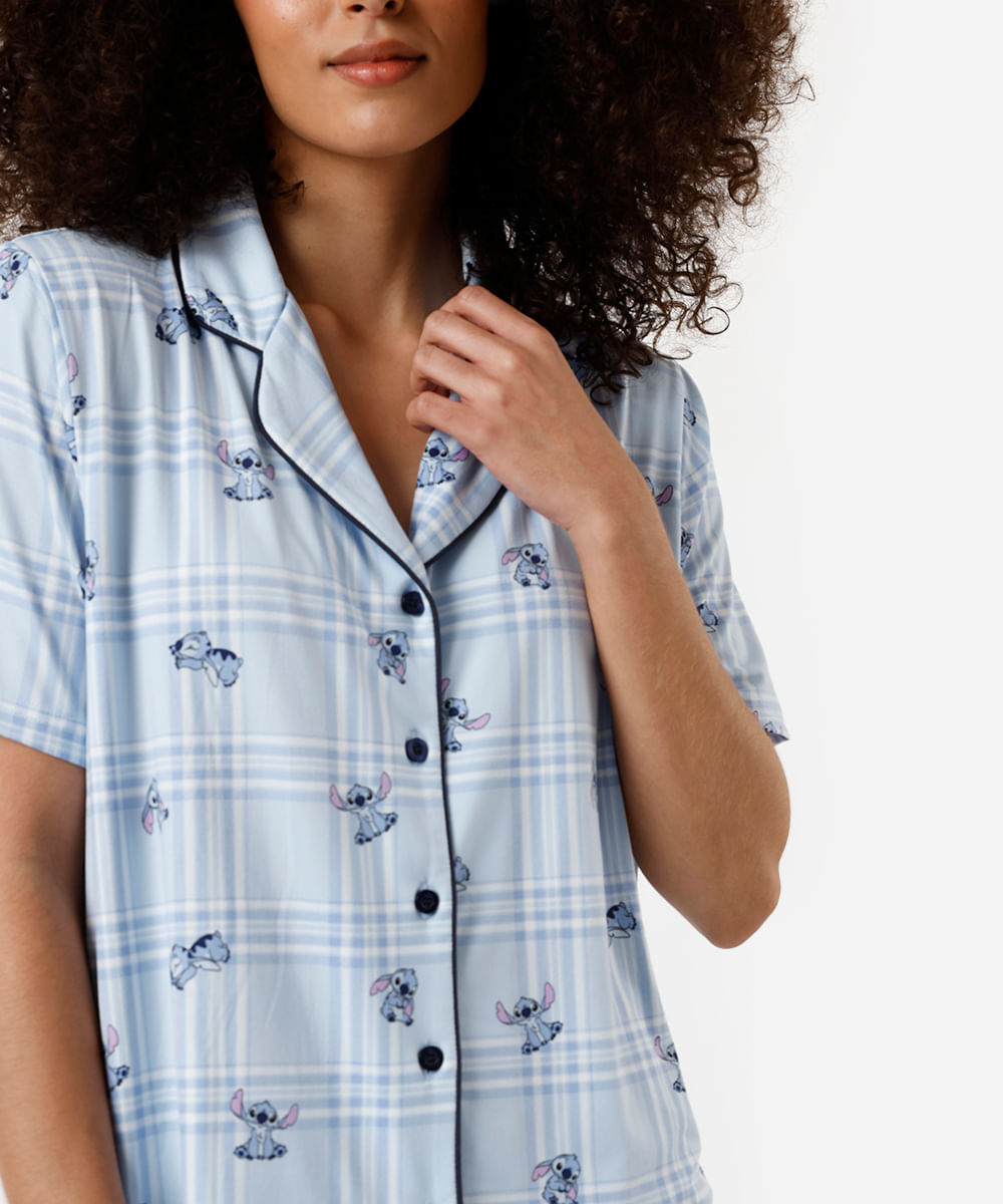 pijama curto americano feminino stitch xadrez azul