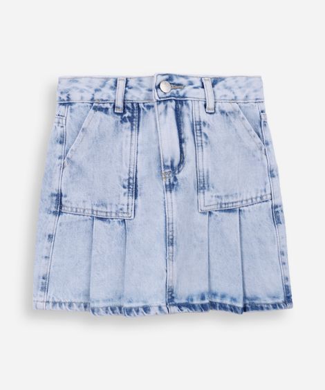 short saia infantil jeans com pregas azul