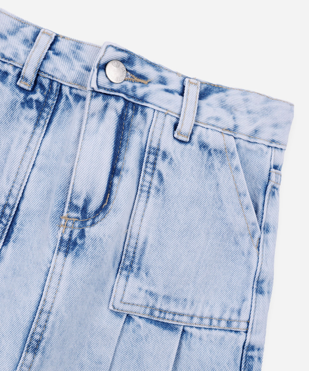 short saia infantil jeans com pregas azul
