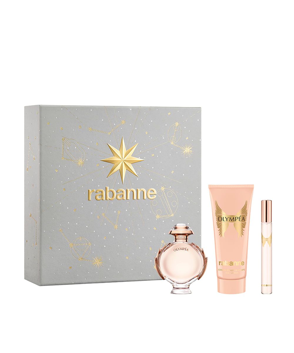 kit perfume feminino rabanne olympéa eau de parfum 10ml e 50ml creme corporal 100ml