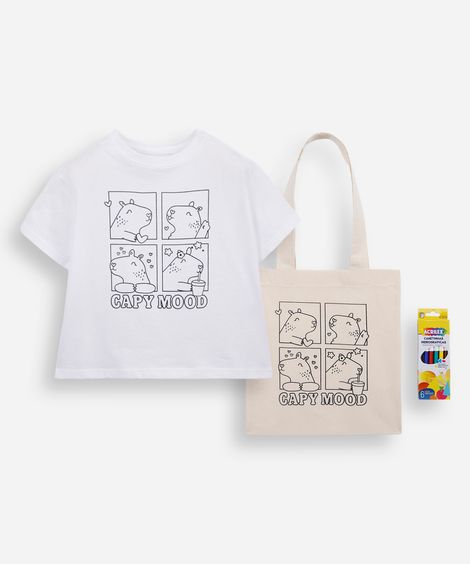 camiseta infantil de algodão capivara com bolsa e canetinhas laváveis off white