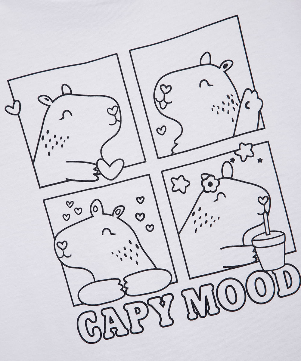 camiseta infantil de algodão capivara com bolsa e canetinhas laváveis off white