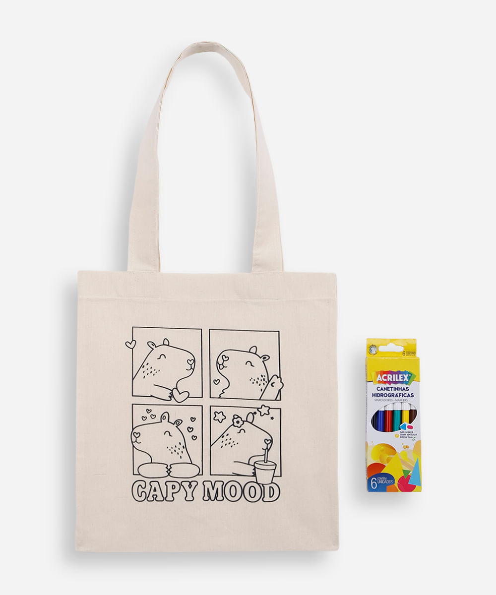 camiseta infantil de algodão capivara com bolsa e canetinhas laváveis off white