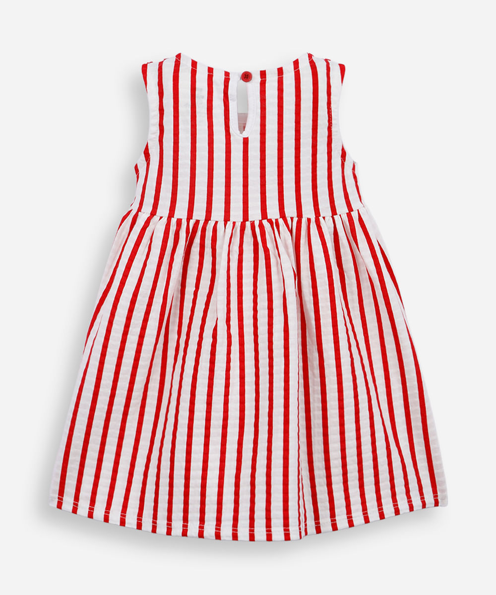 vestido infantil de algodão texturizado listrado vermelho