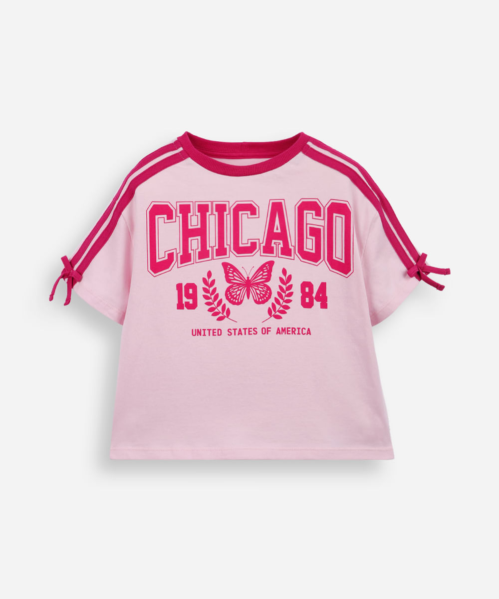 camiseta infantil de algodão estampada com laço rosa