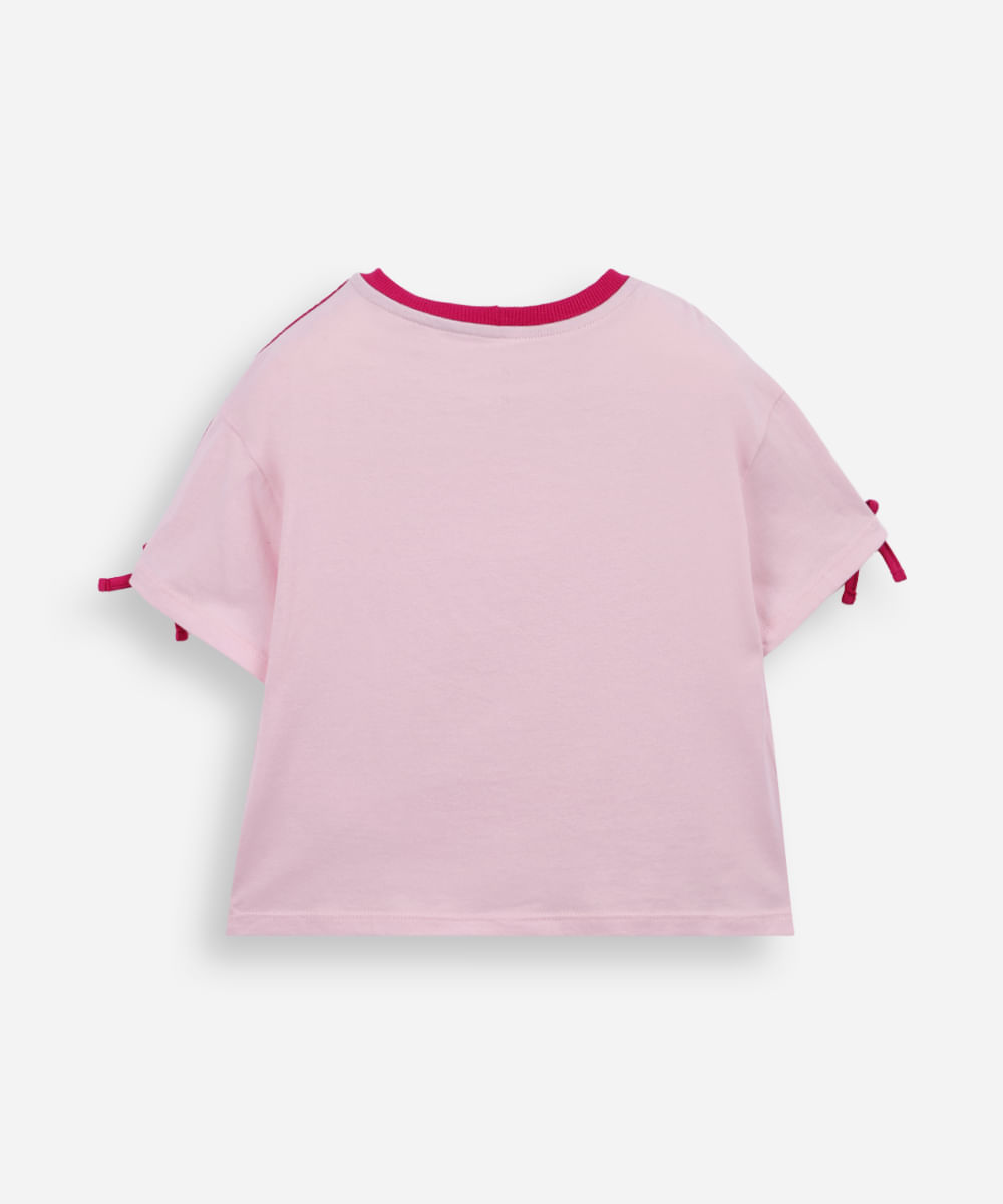 camiseta infantil de algodão estampada com laço rosa