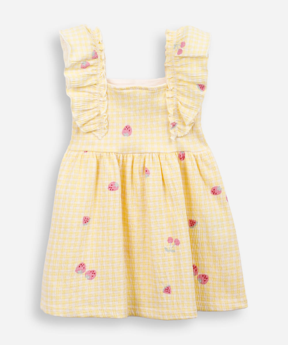 vestido infantil de algodão xadrez texturizado amarelo