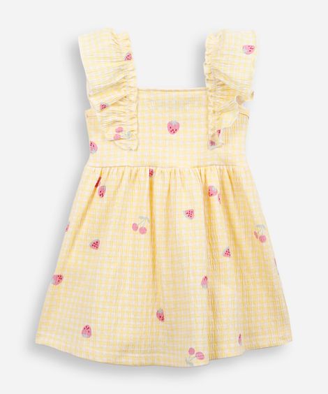 vestido infantil de algodão xadrez texturizado amarelo