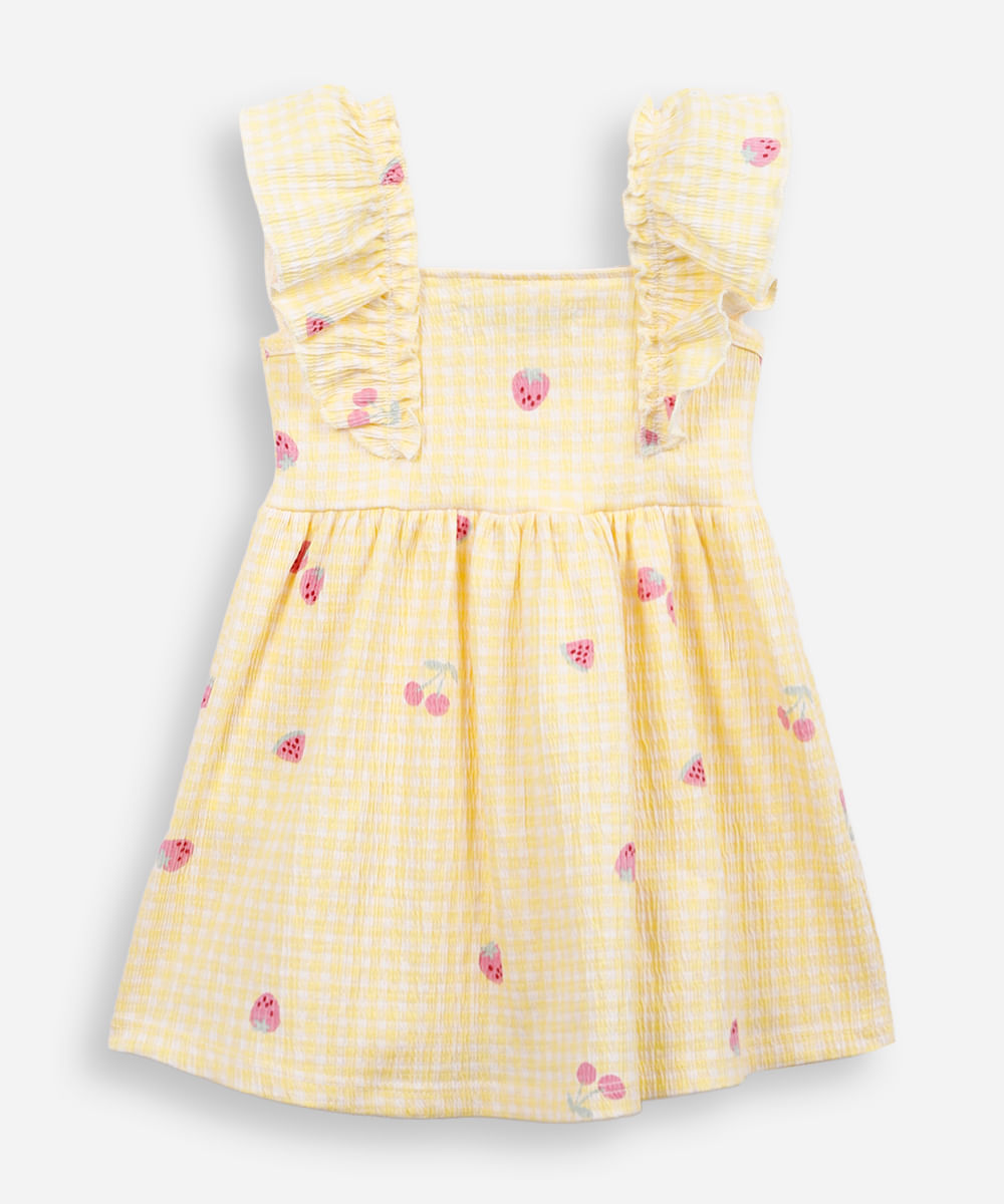 vestido infantil de algodão xadrez texturizado amarelo