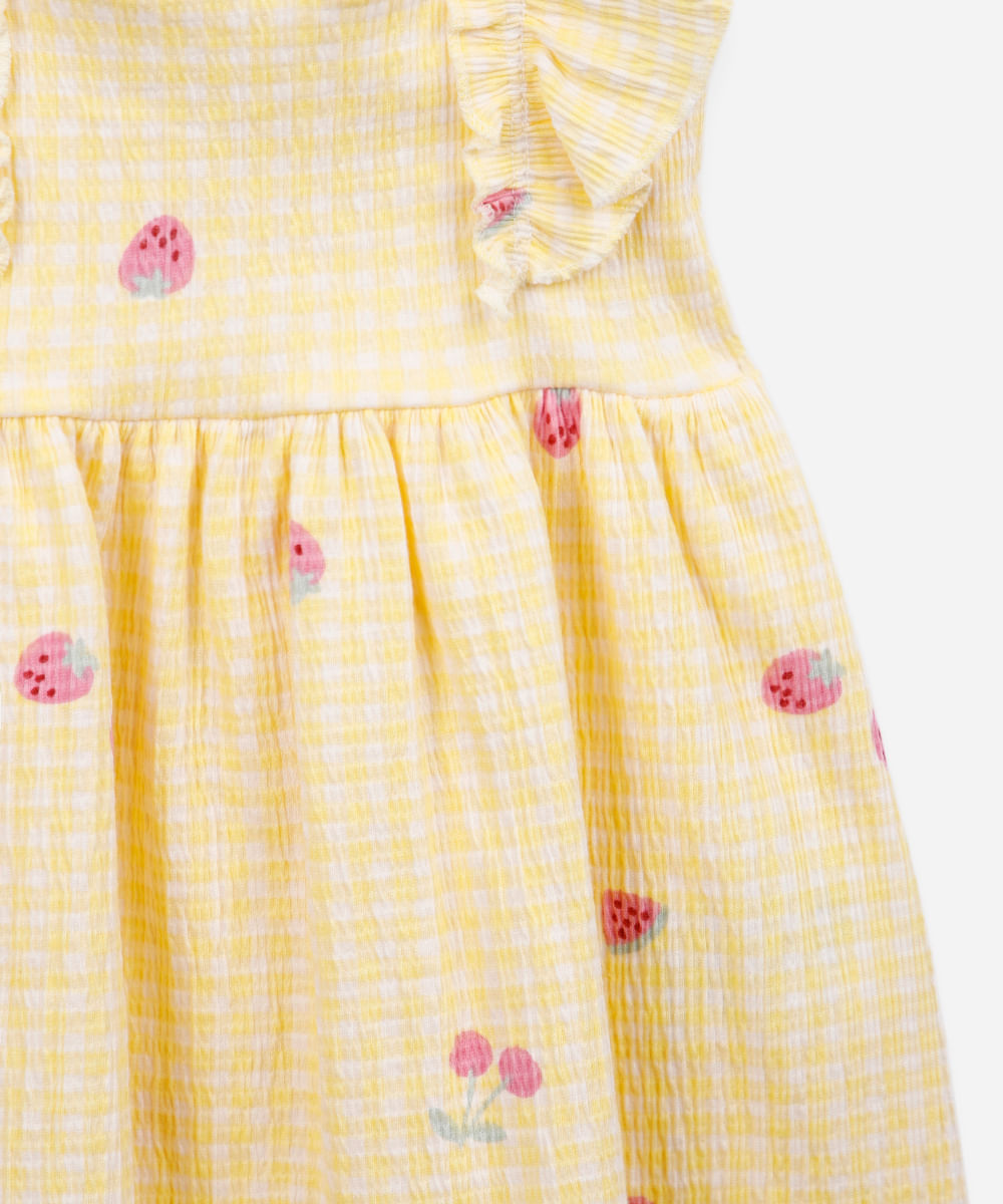 vestido infantil de algodão xadrez texturizado amarelo