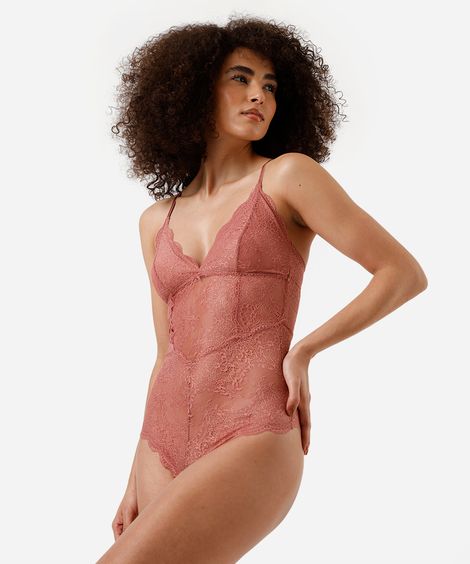 body de renda com recortes floral rosa