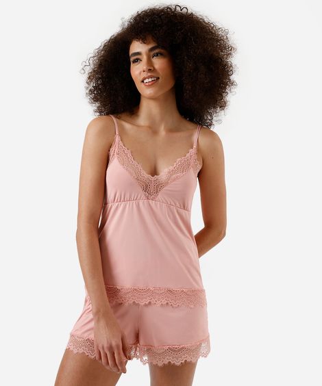 pijama short doll com renda rosa