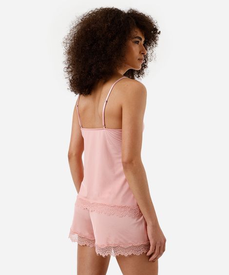 pijama short doll com renda rosa