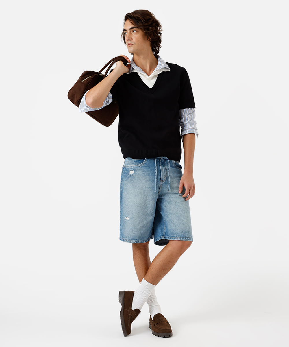 bermuda baggy masculina destroyed azul