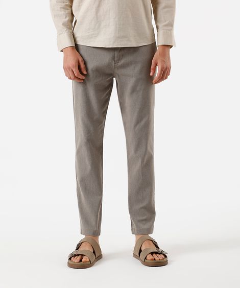 calça reta masculina de sarja cós elástico texturizada bege