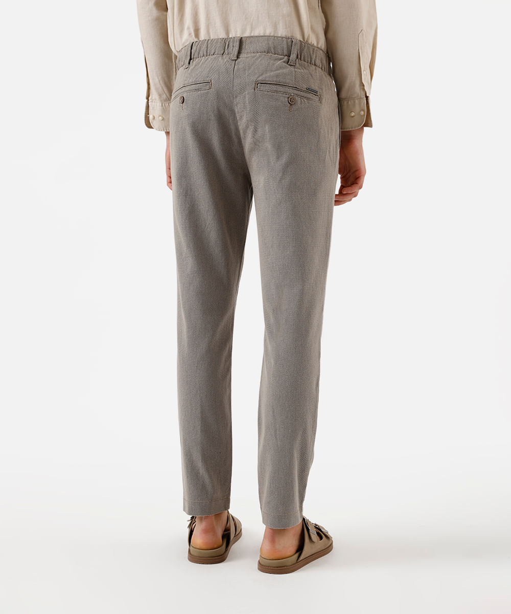 calça reta masculina de sarja cós elástico texturizada bege