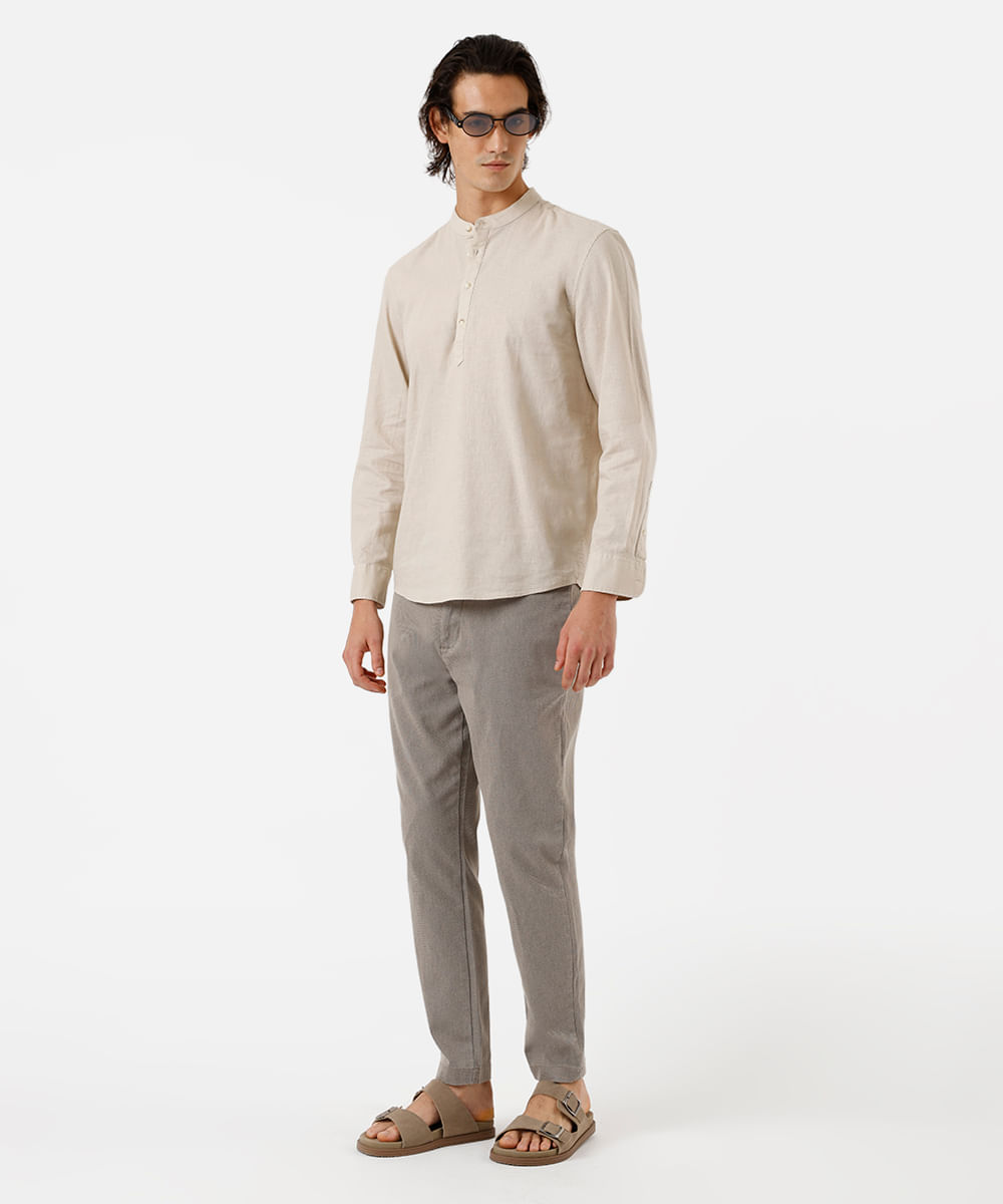 calça reta masculina de sarja cós elástico texturizada bege