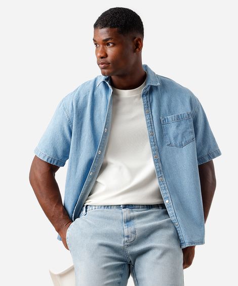 camisa box masculina jeans manga curta azul