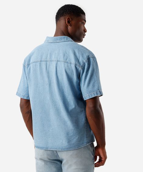camisa box masculina jeans manga curta azul