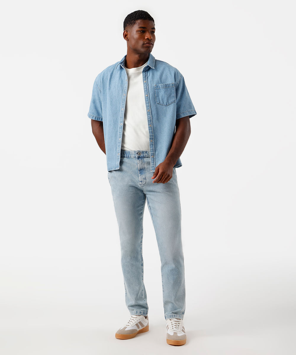 camisa box masculina jeans manga curta azul
