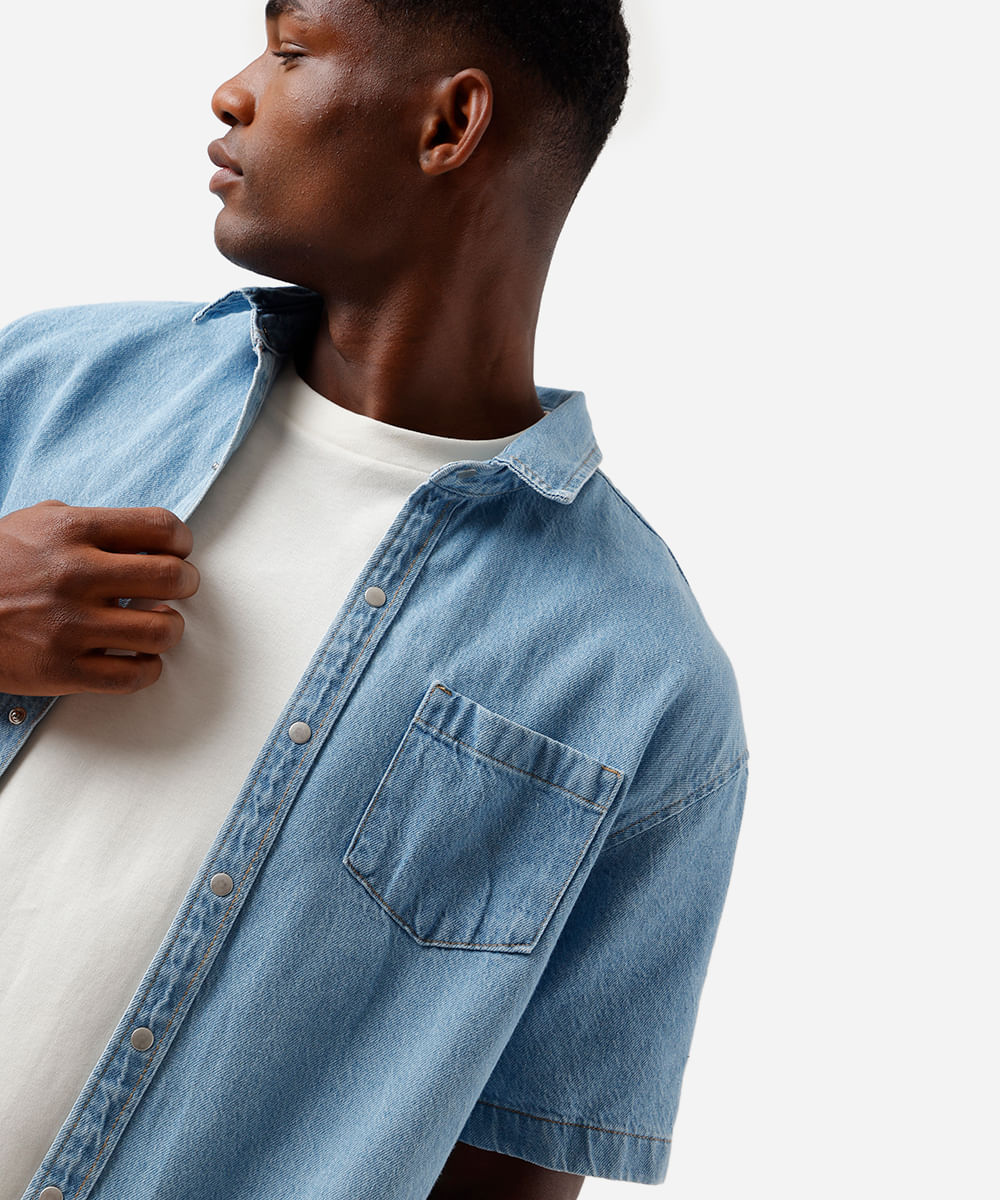 camisa box masculina jeans manga curta azul