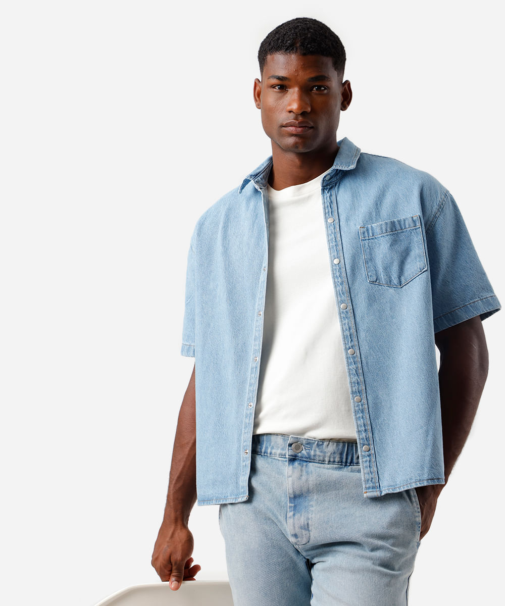 camisa box masculina jeans manga curta azul