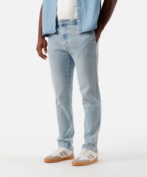 calça slim chino masculina jeans cós elástico azul