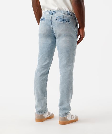 calça slim chino masculina jeans cós elástico azul