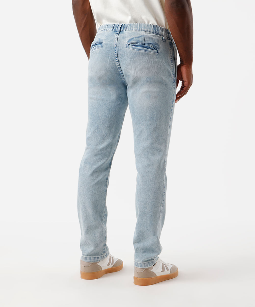 calça slim chino masculina jeans cós elástico azul