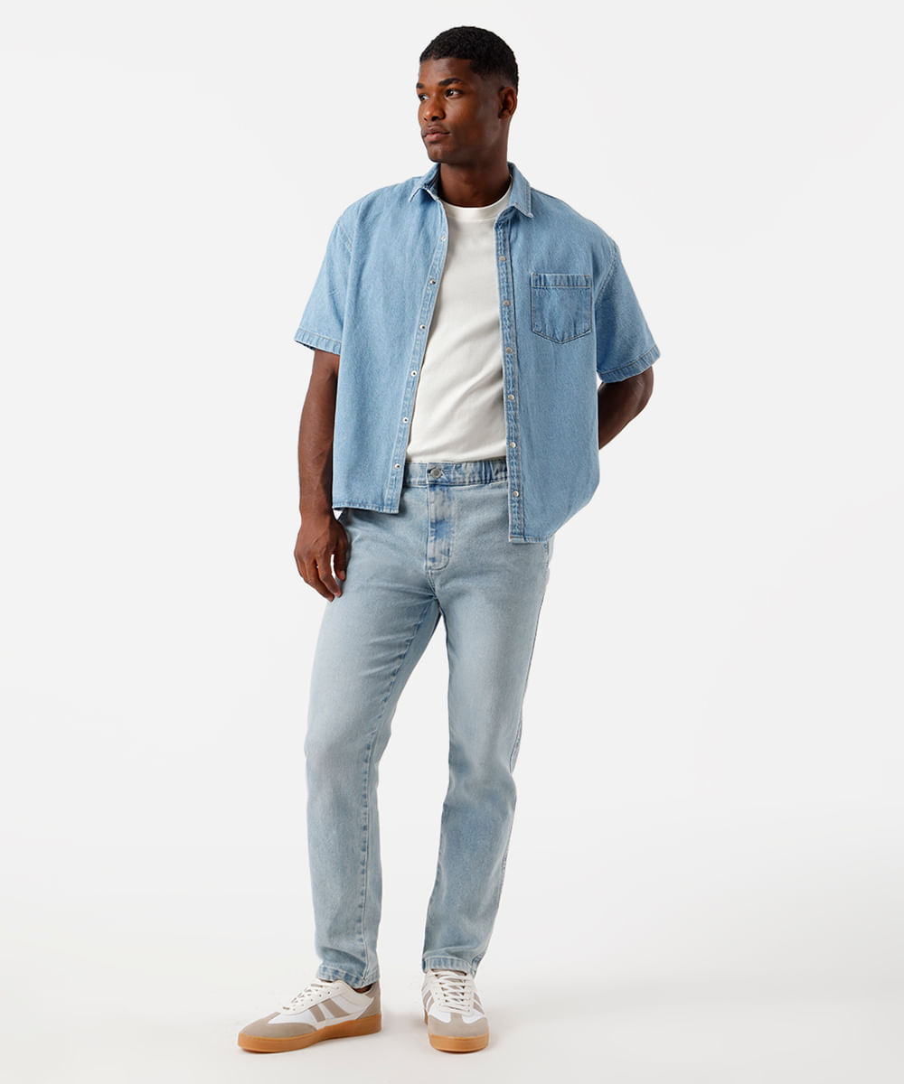 calça slim chino masculina jeans cós elástico azul