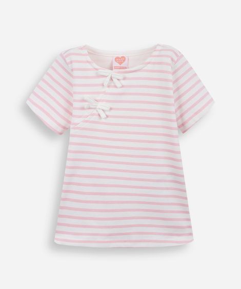 camiseta infantil listrada com laço rosa