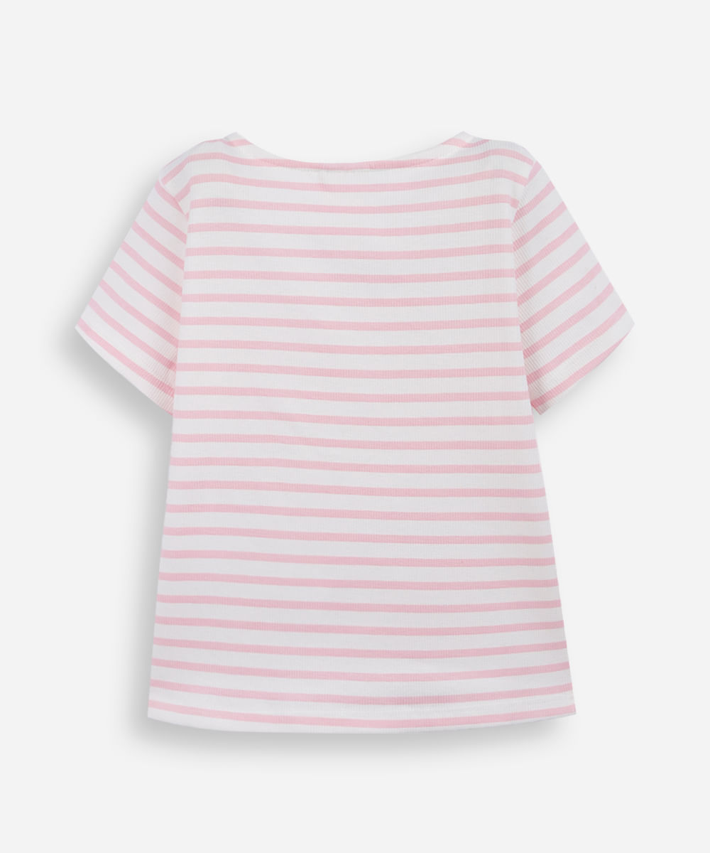 camiseta infantil listrada com laço rosa