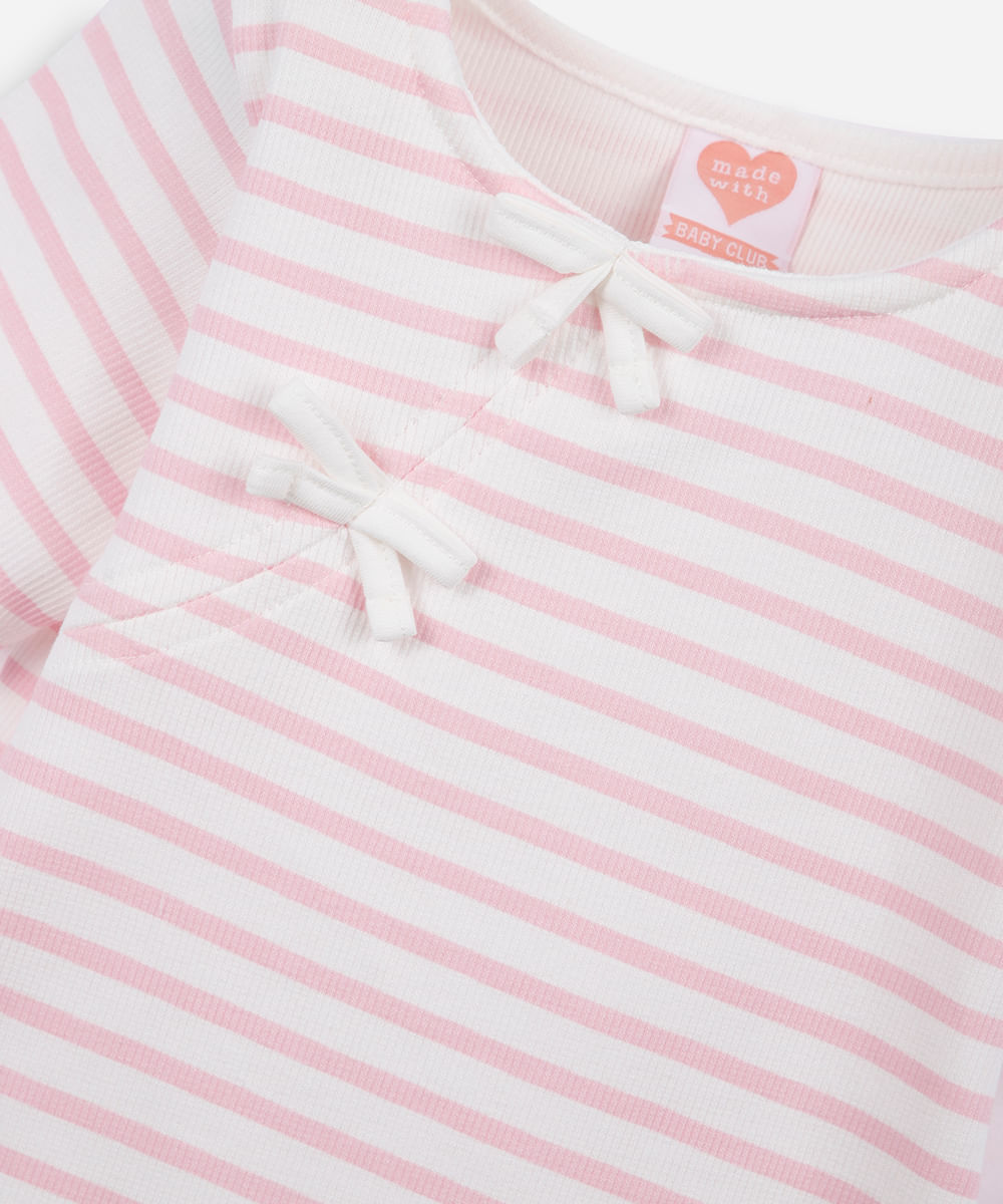 camiseta infantil listrada com laço rosa