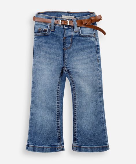 calça flare jeans infantil com cinto azul